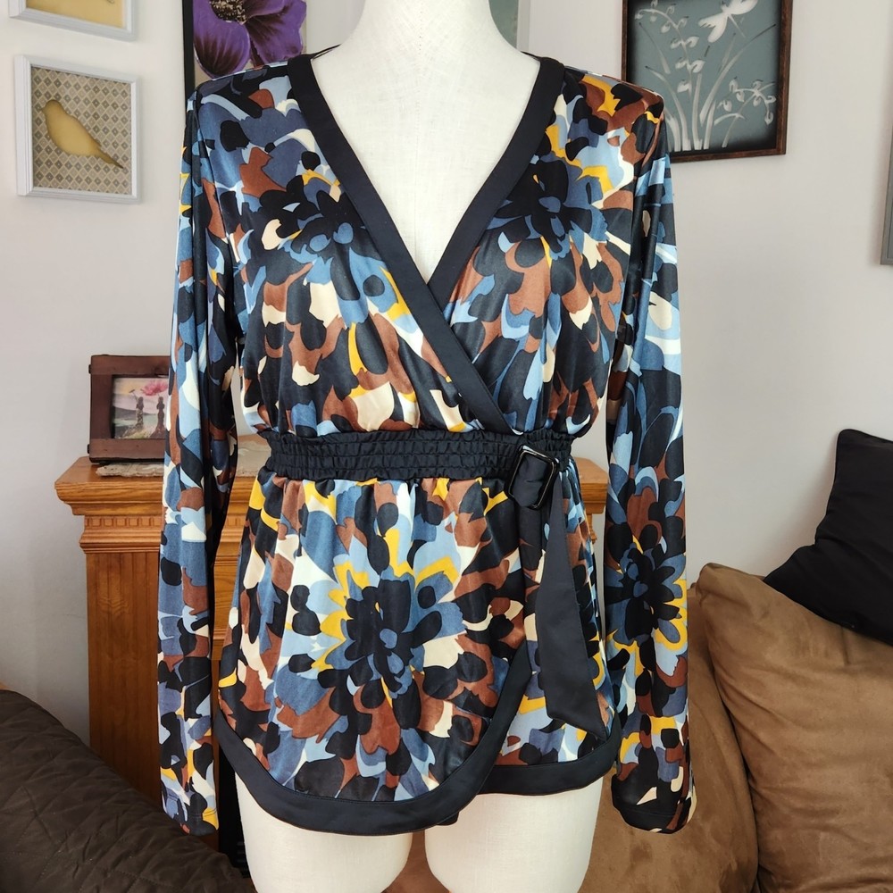 Katherine New York Black Grey Cream Camo Faux Wrap Top Size L